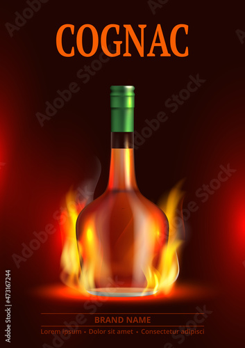 Cognac poster. Whiskey alcoholic drink advertising placard with bottle fire flame and water decent vector template with place for text