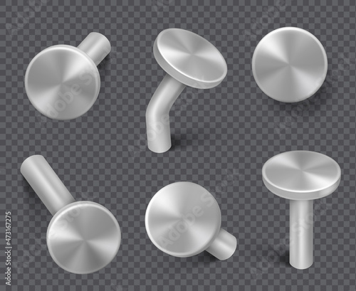 Steel nails. Metal construction items spike hardware carpentry iron caps tools decent vector realistic collection isolated