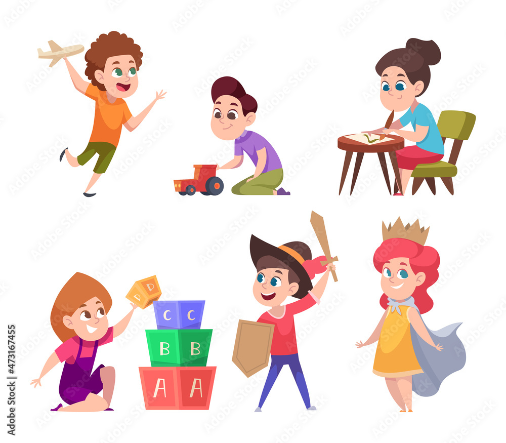Kindergarten. Little preschool kids playing with toys in education center or kindergarten room playing lessons exact vector cartoon illustrations