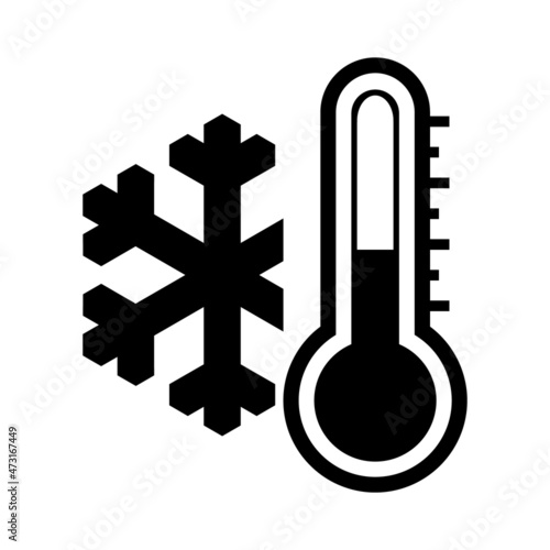 Low temperature icon. Vector illustration of snowflake and thermometer. Very cold and freezing. Caution symbol isolated on background. Winter concept. Warning symbol.