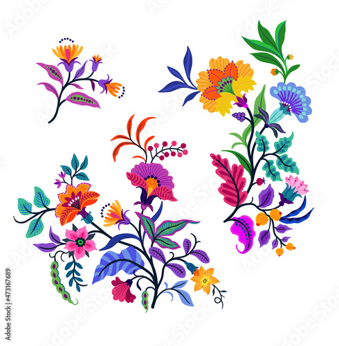 Vector Oriental motif of flowers. Original Floral design with of a woody vine with exotic flowers, tropic leaves and smaller birds. Tree of life Colorful flowers on a white background. Folk style.