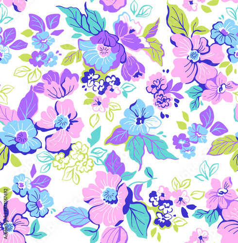 Spring flowers print. Vector seamless floral pattern. Floral design for fashion prints. Endless print made of small pastel color flowers. Elegant template. White background. Stock vector.