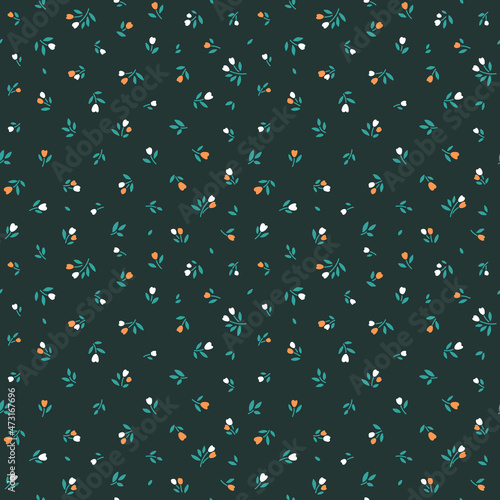 Cute floral pattern in the small tulip flowers. Seamless vector texture. Elegant template for fashion prints. Printing with small orange and white flowers.  Black background.