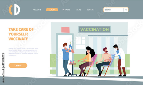 Vaccination landing. Medical covid prevention company people treatment doctor nurse making vaccine in hospital garish vector web page template