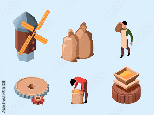 Mill. Rural agricultural processes flour production windmill construction history farm river energy scalling grains garish vector isometric set
