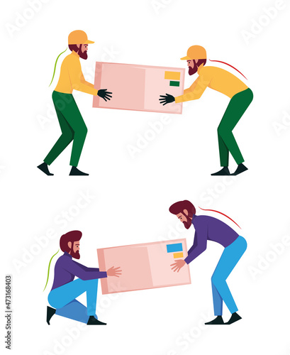 Heavy lifting. Workers demonstrating correct movement of heavy loading big packages garish vector ergonomic infographic illustrations