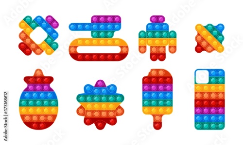 Silicon pop toys. Hand popping silicon puzzle plastic gadget for kids fidgeting entertainment garish vector colored geometrical forms