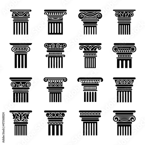 Ancient pillars. Greek stylized floral decorative columns for museum historical exhibition recent vector flat symbols set isolated