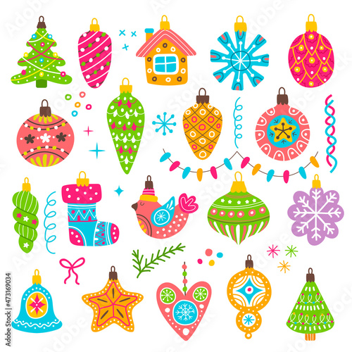 Christmas toys. Ornamental decorative cute toys with ice snowflakes transparent baubles and bells holidays festive collection items recent vector doodle illustrations