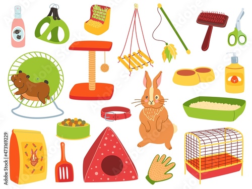 Pets care tools. Different domestic animals caring accessories collection, pet store products. Toys, shampoos and food, rabbit and hamster, cage and hygiene supplies, vector cartoon isolated set