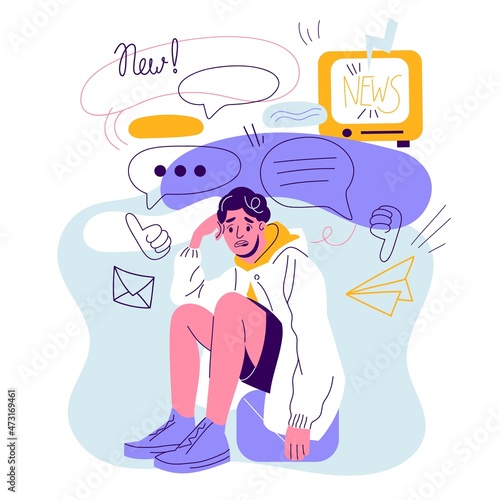 Information people panic. Scared sad guy sitting surrounded spam, depressed stressed man, chaotic data flow, tv and internet endless news, social media addiction, vector isolated concept