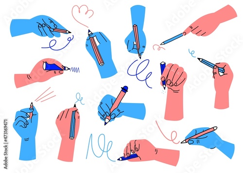 Writing hands. Colorful human hand hold pencil, pen and brush. Doodle drawing or sketching process, cartoon arms trendy colors, different fingers positions, vector isolated set