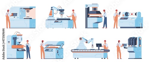 Factory workers people. Industrial machines, electronic manufacturing equipment, engineering technology, stampers and assemblers, professional mechanics and operators, vector isolated set