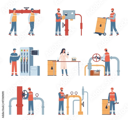 Oil industry workers. Gas and petroleum workers characters. Professional engineers in uniform, chemical employee, pipeline maintenance, technical inspection, vector isolated set