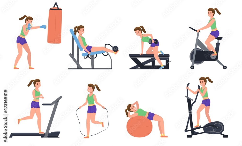 Woman at sport gym. Athletic girl works out on different simulators, fitness activities and body training, healthy lifestyle, athletic female character vector cartoon flat isolated set