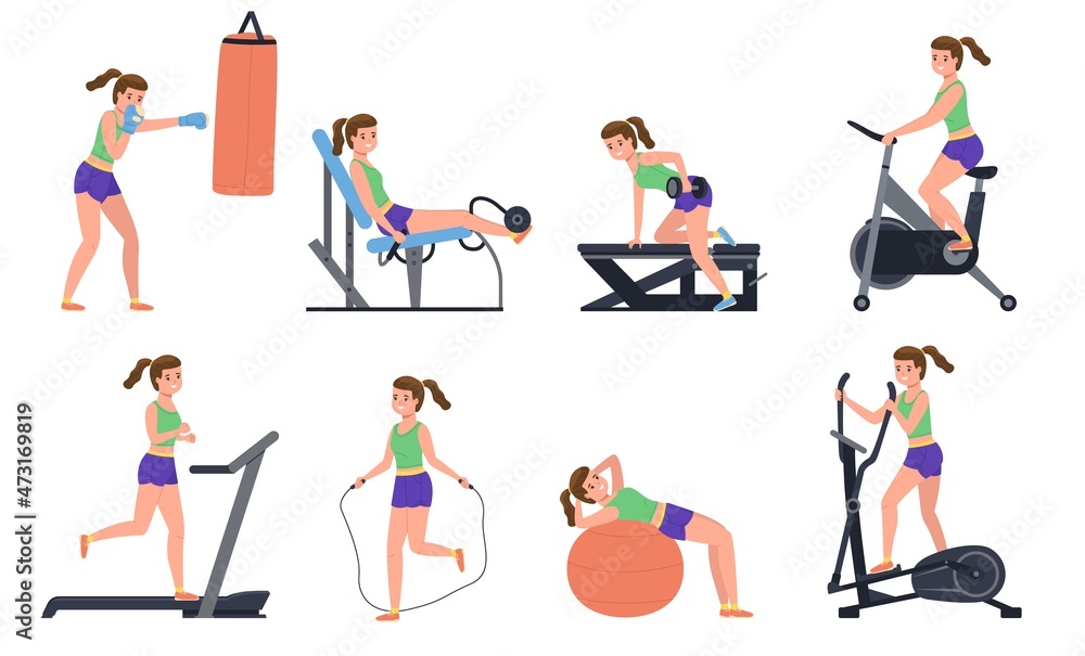 Woman at sport gym. Athletic girl works out on different simulators, fitness activities and body training, healthy lifestyle, athletic female character vector cartoon flat isolated set Woman at sport gym. Athletic girl works out on different simulators, fitness activities and body training, healthy lifestyle, athletic female character vector cartoon flat isolated set