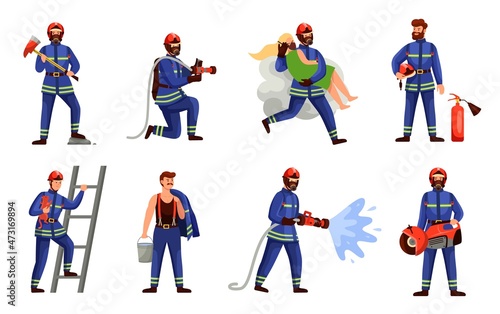 Firefighters situations. Firemen saving people and pet, men with hose, extinguisher fighting fire, emergency profession, dangerous hard work, rescue service, vector cartoon flat set