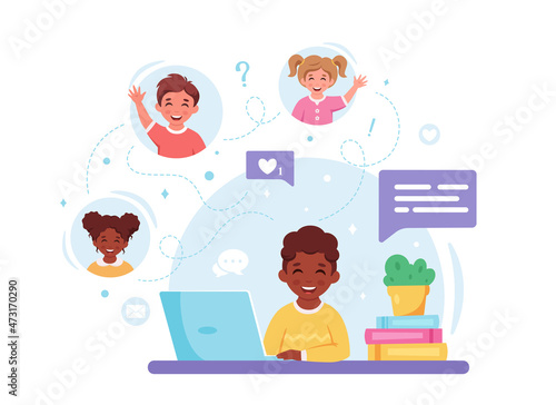 Children communicating online. Video call with friends, chatting online. Online studying, distance learning. Vector illustration