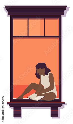 Open window with woman reading on windowsill. Neighbor apartment in cartoon style