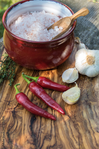 Chili, Knoblauch, Thymian und Himalaya-Salz auf Olivenholz-Brett photo