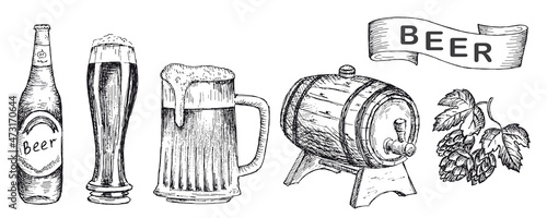 Beer set with beer glass, mug, bottle, barrel and hop sprig.