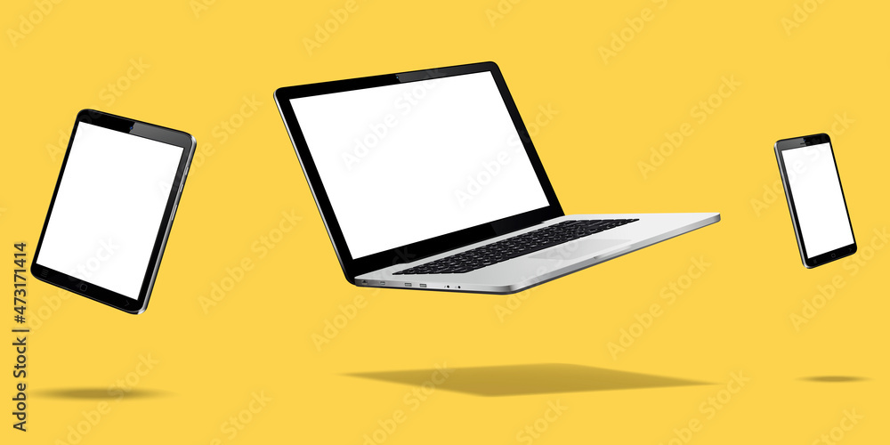 Levitation laptop, tablet and phone mockup Levitation laptop, tablet and phone mockup