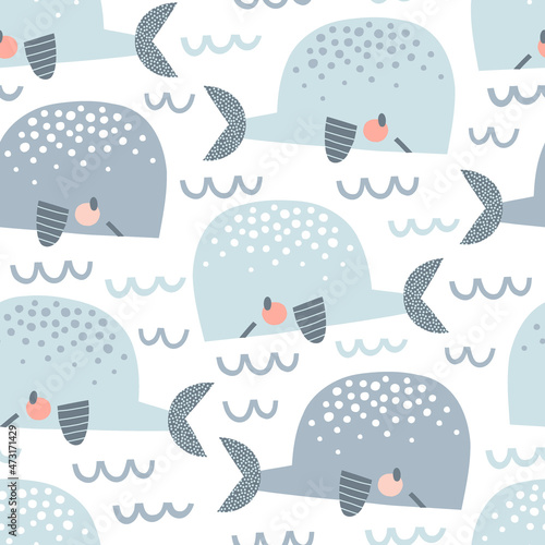Pastel colours Whale in the waves vector seamless pattern. Cute ocean creatures background. Scandinavian decorative childish surface design for nautical nursery and navy kids fabric.