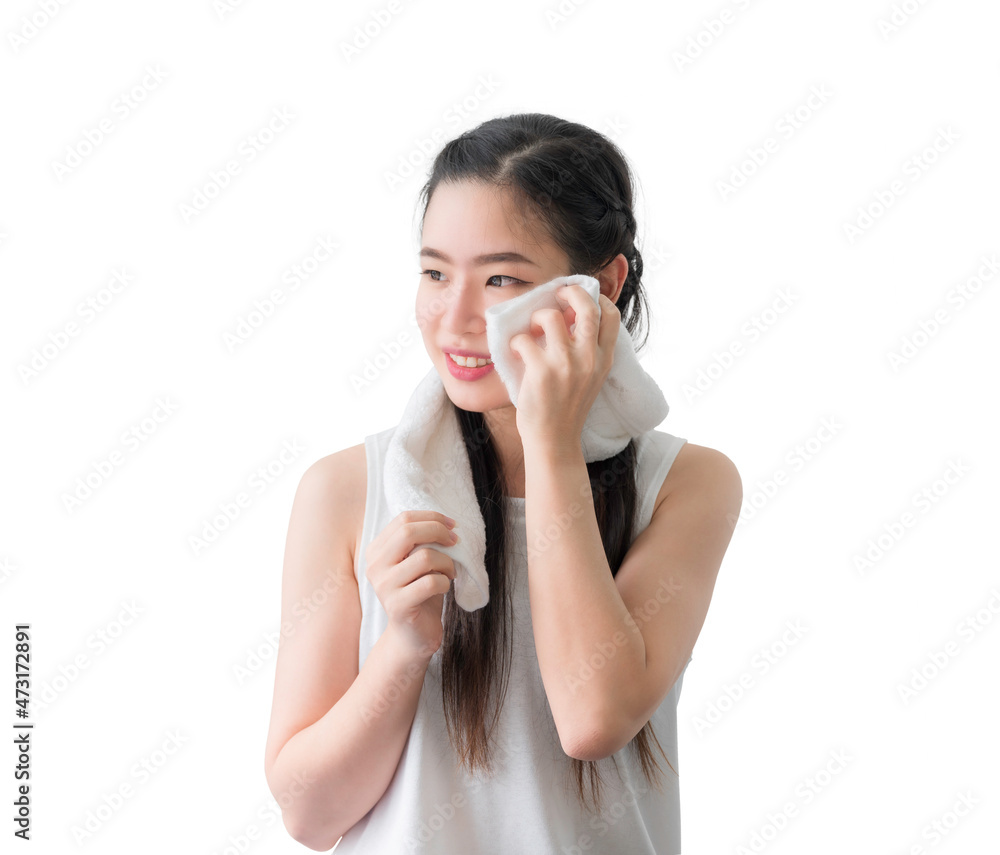 Portrait of happy beautiful asian woman using white towel wiping sweat from her face after exercise isolated on white background. Portrait of happy beautiful asian woman using white towel wiping sweat from her face after exercise isolated on white background.