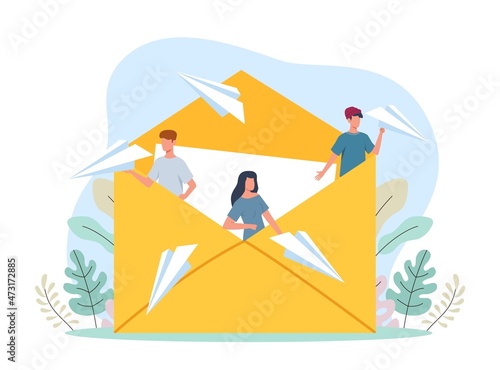 Mailing. Remote method communication. People write letters. Friends receive and send messages. Men and women launch paper planes. Tiny persons and envelope. Postal service. Vector concept