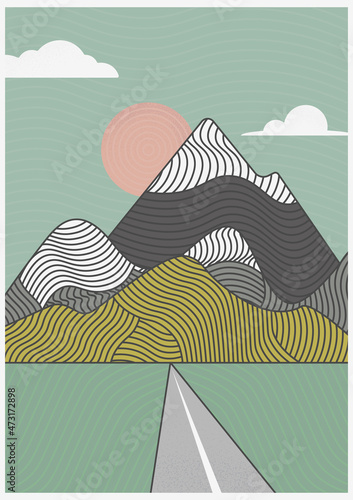 Scandinavian landscape. Minimalist mountains, sun, road, sky, clouds. Winter mountainscape. Geometric abstract waves. Simple lines. Pastel nature colors. Hygge lagom poster. Vector illustration © smspsn_art
