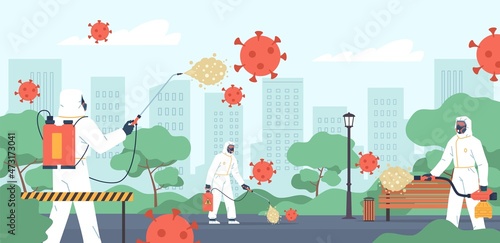 Antiviral disinfection. People in insulated overalls spray chemicals. Antibacterial street treatment. Professional sanitary clean process. Coronavirus extermination. Vector concept