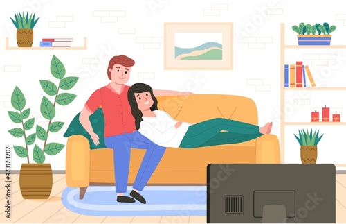 Couple on sofa. Guy with girl watching movie together in room interior. People looking at TV. Wife and husband sitting in embrace. Cozy home relax. Vector family relationship concept