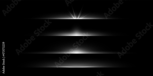 Flare line. Light dividers glowing borders. Horizontal beams. Spotlight effect. Isolated shining stripes. Illuminated explosion. Abstract sparkles and flashes. Vector glare elements set