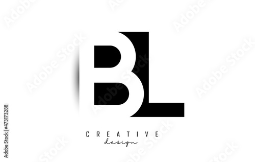 Letters BL Logo with black and white negative space design. Letters B and L with geometric typography.