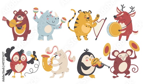 Fototapeta Naklejka Na Ścianę i Meble -  Animals play music. Happy wildlife characters with different musical instruments. Cartoon wild artists. Band sounds. Woodland creatures orchestra performance. Vector funny musicians set