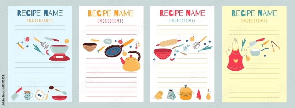 Culinary recipe cards. Cookbook pages with kitchen elements and layout for writing. Blank templates for listing of ingredients and instructions. Vector food preparation manual sheets set