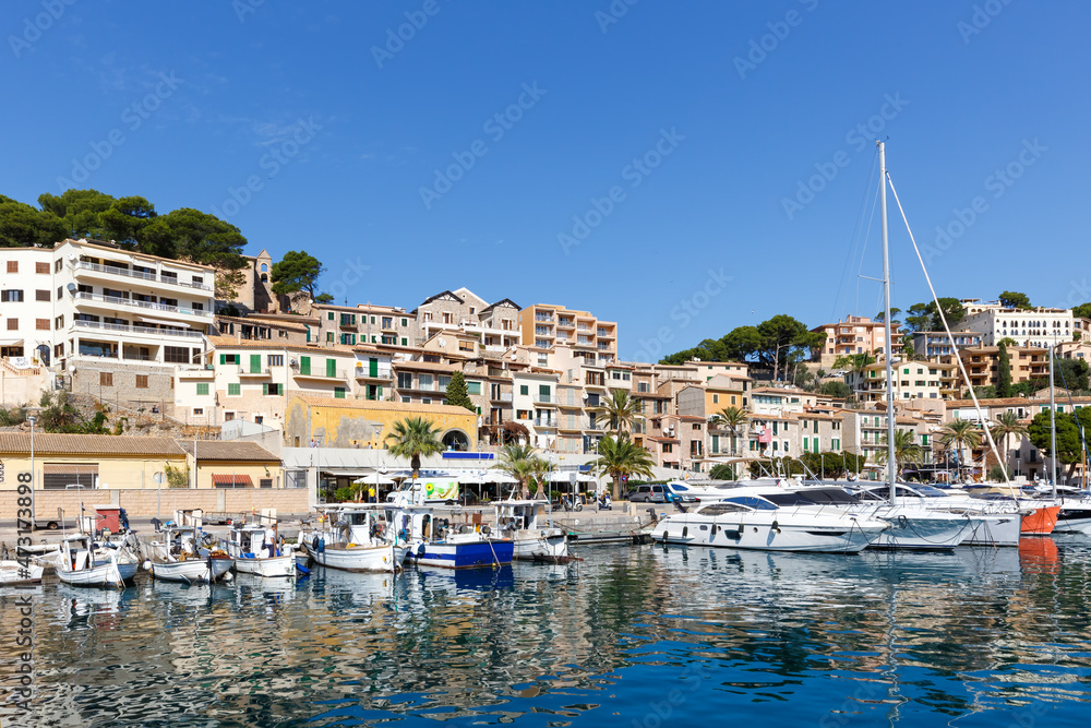 Port de Soller town on Mallorca marina with boats travel traveling holidays vacation in Spain