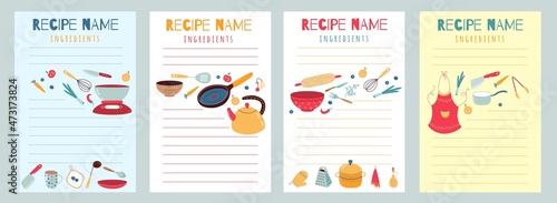 Culinary recipe cards. Cookbook pages with kitchen elements and layout for writing. Blank templates for listing of ingredients and instructions. Vector food preparation manual sheets set