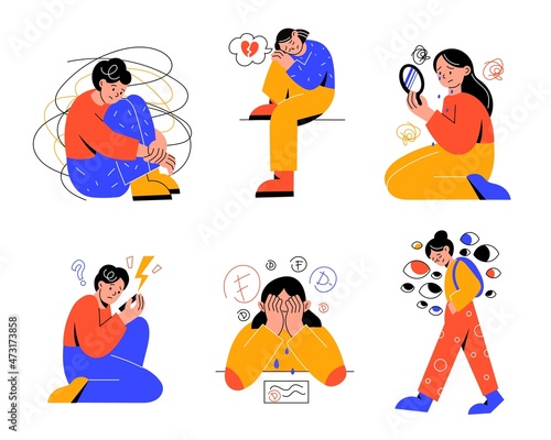 Teenagers problems. Unhappy guys and girls. Transitional age mental issues. Young people feel despondency and depression. Youth experiences. Upset persons. Vector teens troubles set
