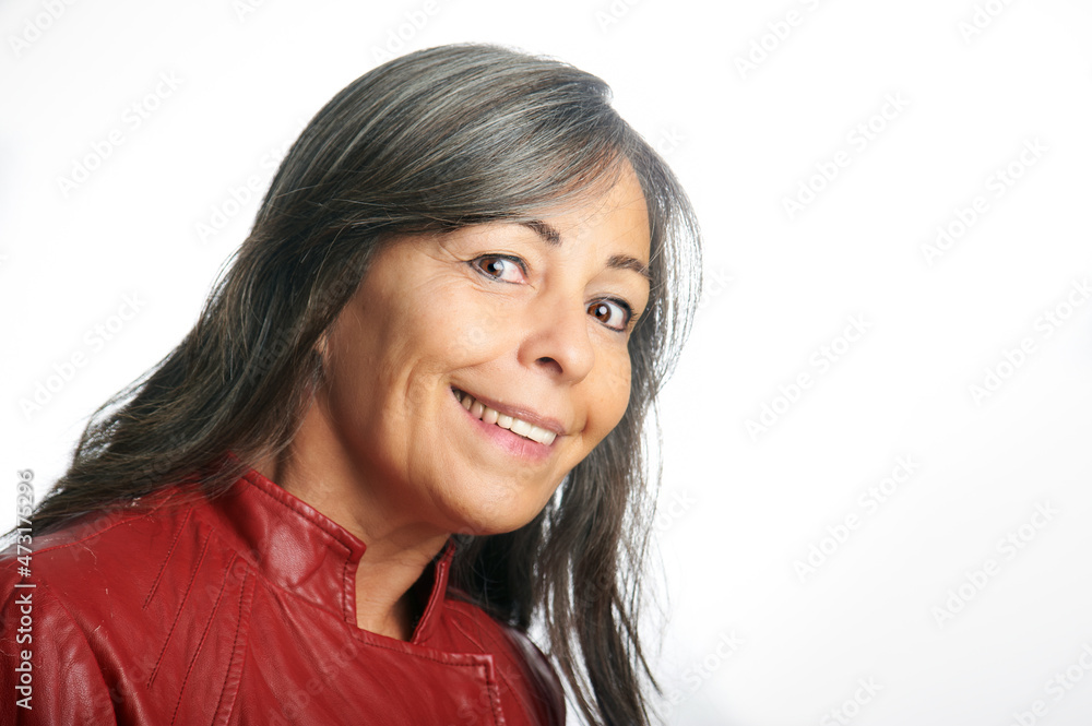 Happy middle aged lady on white background Happy middle aged lady on white background