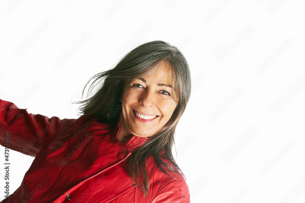 Happy middle aged lady on white background Happy middle aged lady on white background
