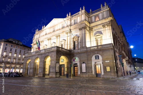 Theatre La Scala in Milan, Italy, by night. One of the most famous Italian buildings - 1778. photo