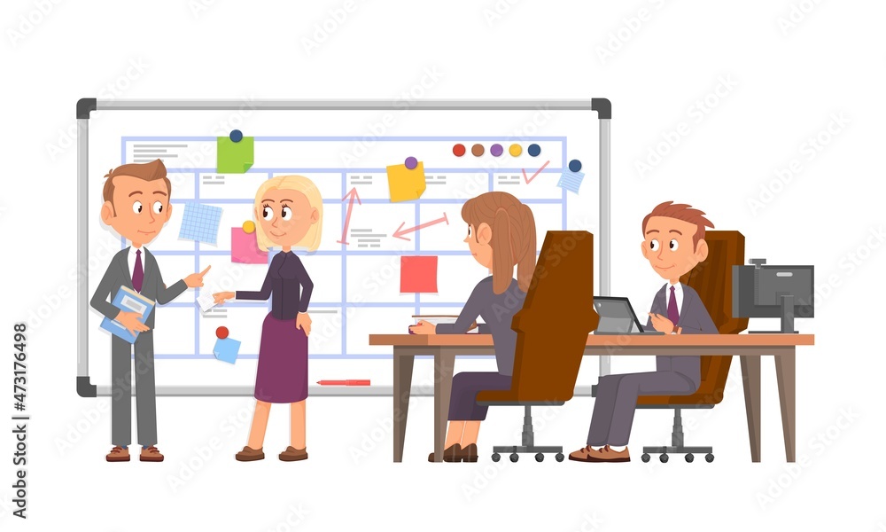 Fototapeta premium Team planning week. Business characters, company employee office meeting. Schedule calendar, project tasks. Time management decent vector concept