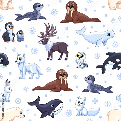 Arctic animals pattern. Antarctic wildlife, children north nature background. Polar landscape cute nordic animal. Winter garish vector seamless texture