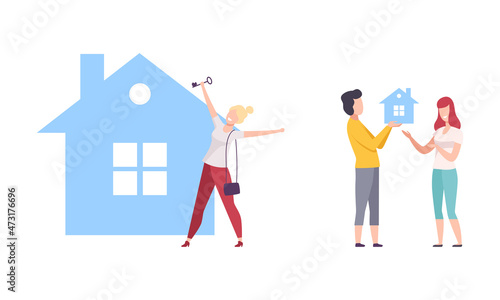 People Character Choosing and Buying House Moving to New Dwelling Vector Set