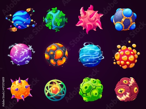 Fantasy cartoon planet. Game design planets, kids fantastic space world. Gaming imaginary elements, universe or galaxy, science garish vector collection