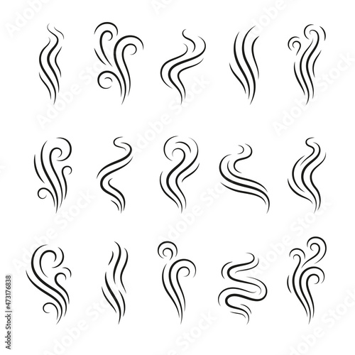 Aroma and smoke line stream. Warm steam, isolated heat symbols. Stink icons, lines vapour cigarette or food, hot drinks smells tidy vector collection