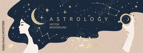 Vector astrology and mystical banner template. Woman face with long hair and hand holding the cup of coffee, gold stars and moon symbols photo