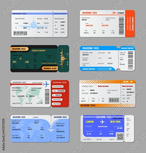 Boarding pass template. Board trip tickets, airplane travel checking card. Business or charter fly coupons, vacation or travelling exact vector templates