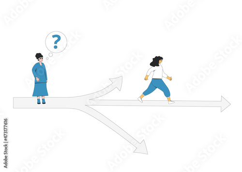 Young woman standing at crossroads. Decision. Choose the right way.